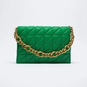 ZARA Kelly Green Quilted Shoulder Handbag | Clutch With Chunky Gold  NWOT